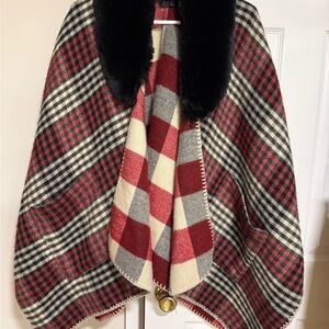 Jones New York Red and Black Plaid Cape with Faux Fur Trim